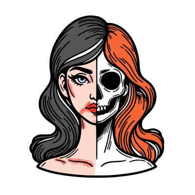 bust of a woman, half face and hair, half skull