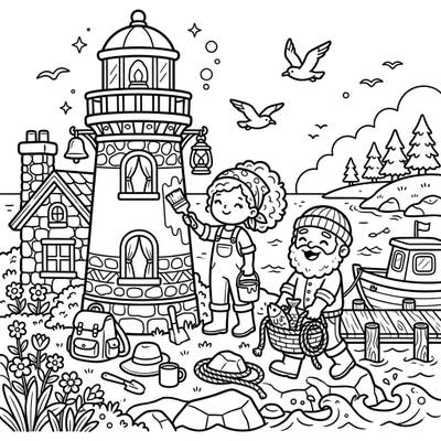 Immerse yourself in a heartwarming seaside scene with this delightful Kawaii Lighthouse Keepers coloring page. Two charming characters are busy with their duties, one painting the lighthouse and the other bringing in the catch, all rendered in an adorable style.