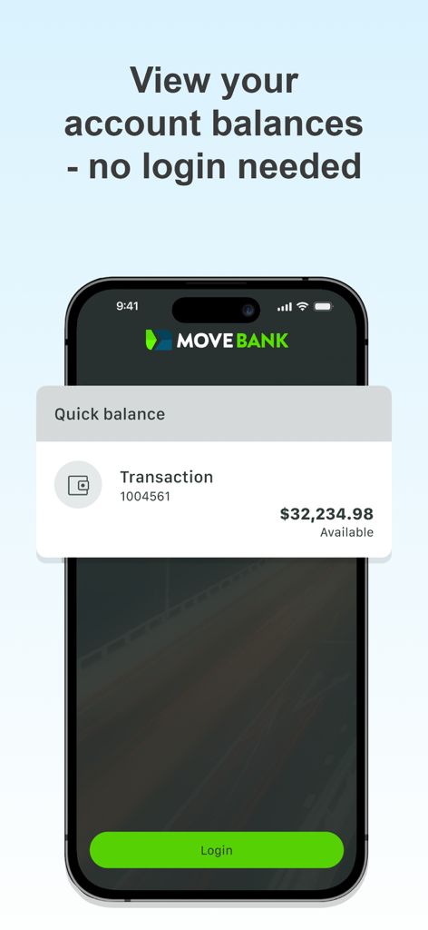 MOVE Bank App - Screenshot of the MOVE Bank App showing the quick account balance feature on a smartphone without needing to login.