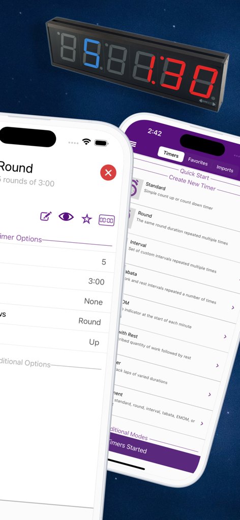 GymNext Flex Timer mobile app interface shown with a wall-mounted LED gym timer display.