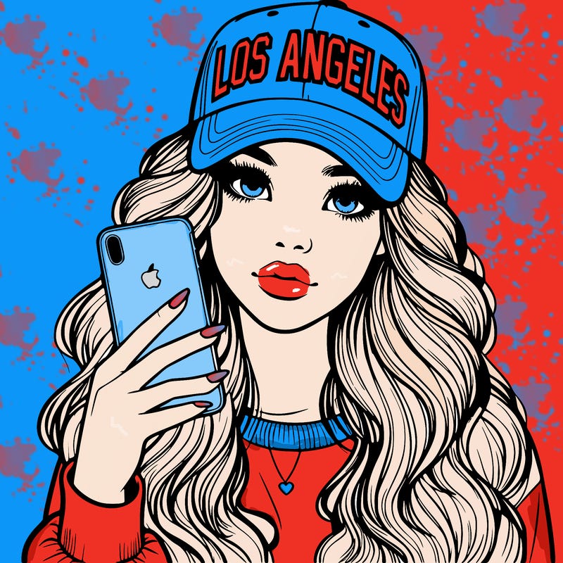 realistic beautiful girl wearing los ángeles cap holding an iphone