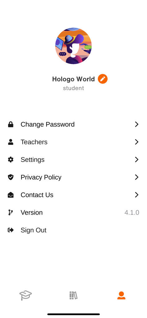 Hologo - Hologo student profile settings screen showing account options and navigation menu.