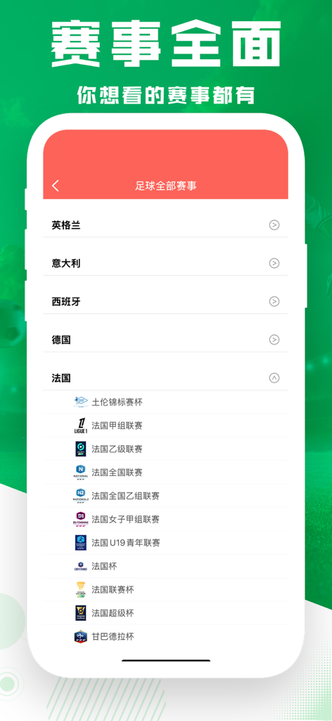 熊熊体育-综合体育比分直播 - Xiongxiong Sports app interface showing a comprehensive list of international soccer leagues including Ligue 1 and others