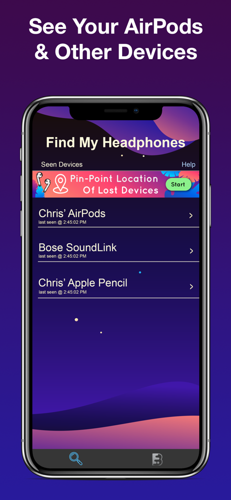 Finder For AirPod & Headphones - Finder For AirPod app showing a list of detected Bluetooth devices