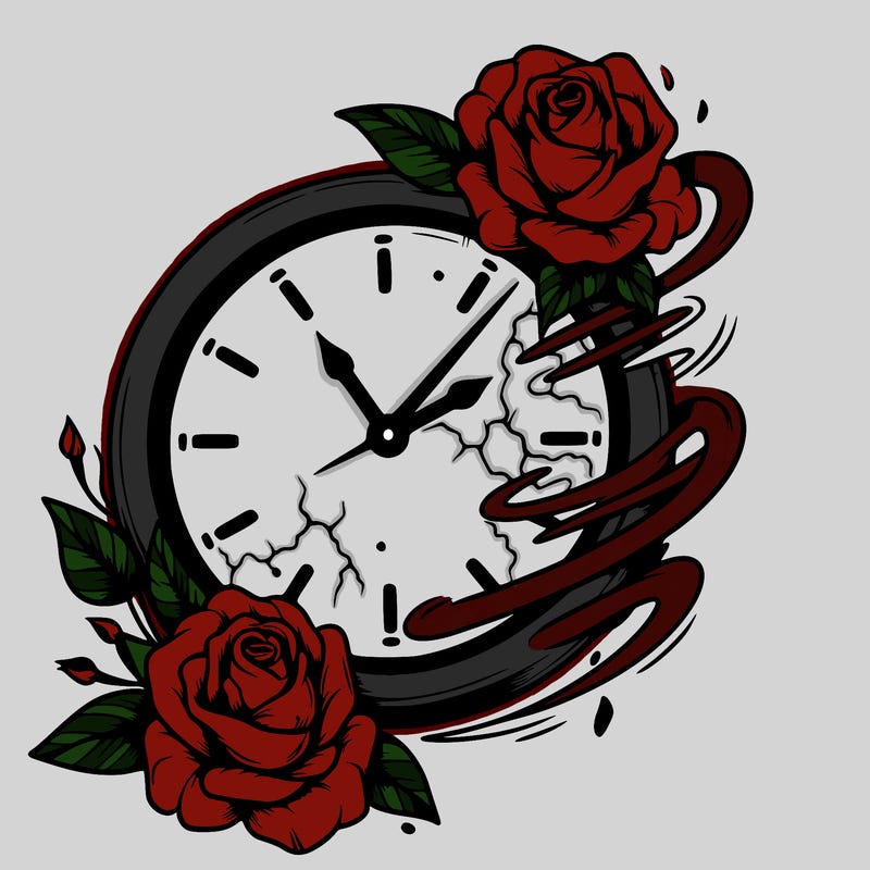a realistic the clock that appears to be fading away with wilting roses
