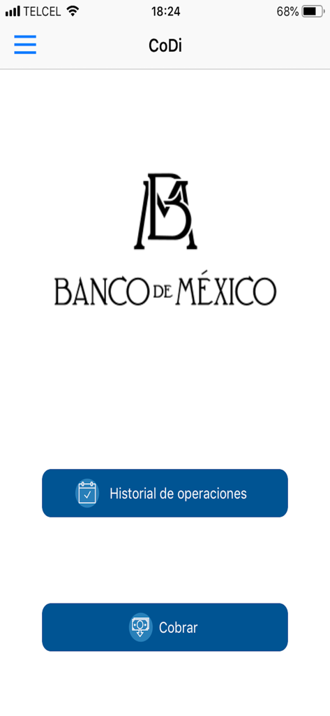 CoDi Banxico -solo para cobrar - Home screen of the CoDi Banxico app showing the Banco de Mexico logo and options for transaction history and collecting payments