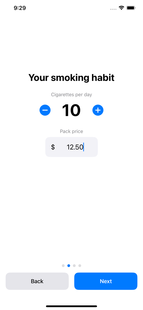 Écran de configuration pour entrer la consommation quotidienne de cigarettes et le prix du paquet dans l'application Quit Smoking Buddy.