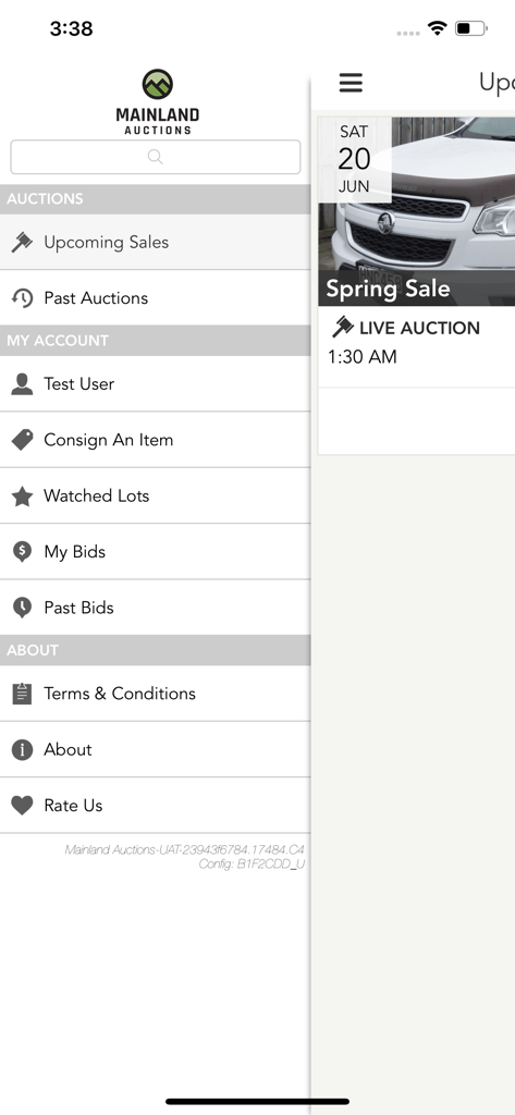 Mainland Auctions mobile app menu screen showing navigation for upcoming sales and user bidding history.