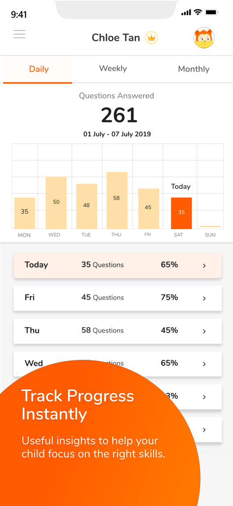 KooBits Parent app dashboard showing daily math progress charts and performance analytics for a child