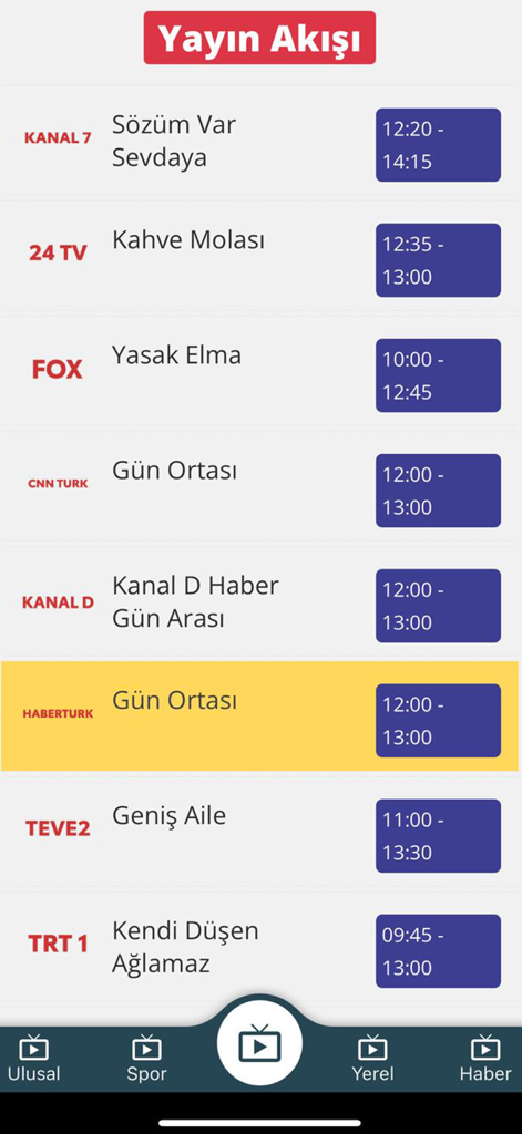 Canlı TV - TV Yayın Akışı - Guía de programación de transmisión de TV turca que muestra múltiples canales y horarios de programas