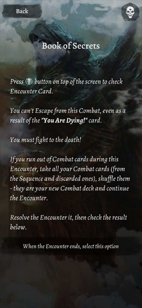 Tainted Grail Companion - Combat encounter instructions in the Tainted Grail Companion app Book of Secrets
