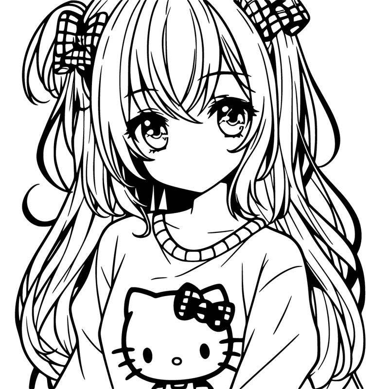 anime girl with shoulder length hair wearing a hello kitty shirt