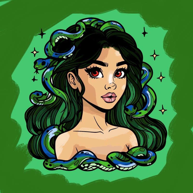realistic girl with snakes as hair