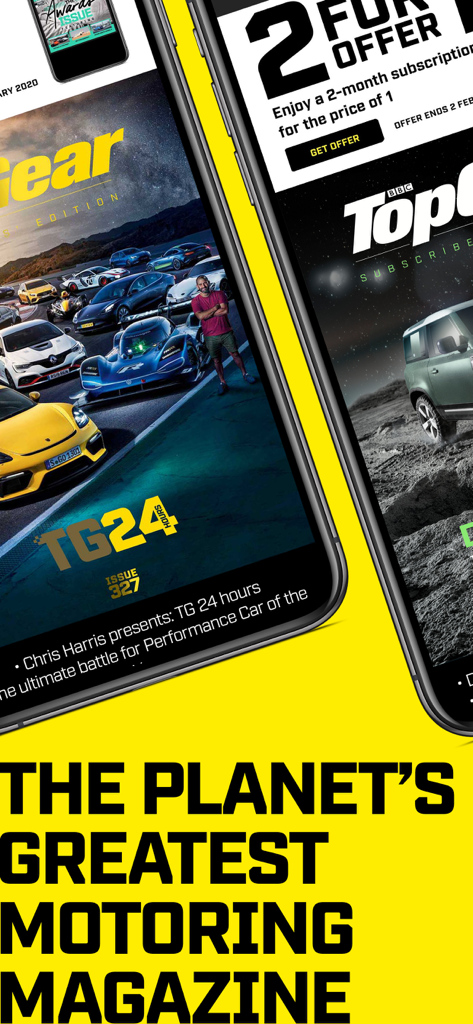 Top Gear Magazine - Aplicativo digital da Revista Top Gear mostrando recursos de carros e ofertas de assinatura em telas de smartphones