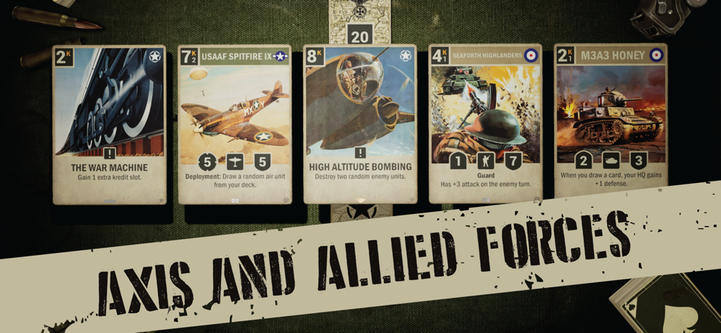 Vintage World War II themed collectible cards from the game KARDS featuring Allied units and tactics