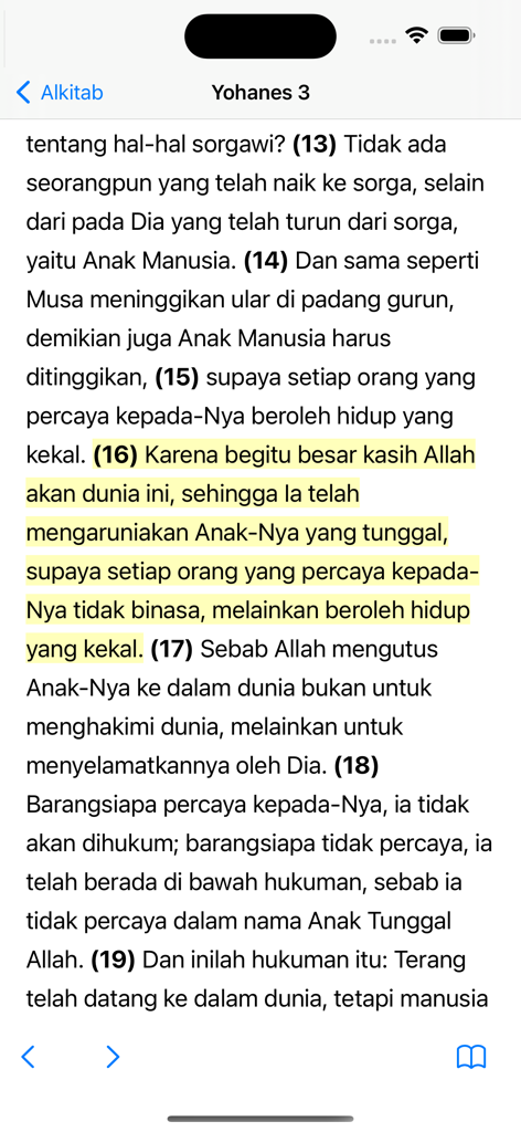 Alkitab - The Alkitab app interface showing Indonesian scripture with a highlighted verse from John 3.