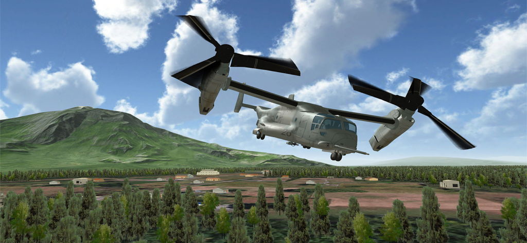 Air Cavalry - Flight Simulator - Aeronave de rotor basculante MV-22B Osprey voando sobre um vale verde no simulador de voo Air Cavalry
