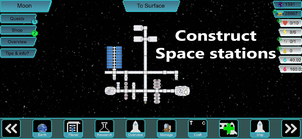 Tiny Space Program - Gameplay screenshot of Tiny Space Program showing the construction of a modular space station in orbit with a pixel art aesthetic.