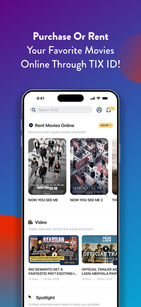 TIX ID - Interfaz de la aplicación móvil TIX ID que muestra opciones para alquilar películas en línea y ver vídeos de entretenimiento