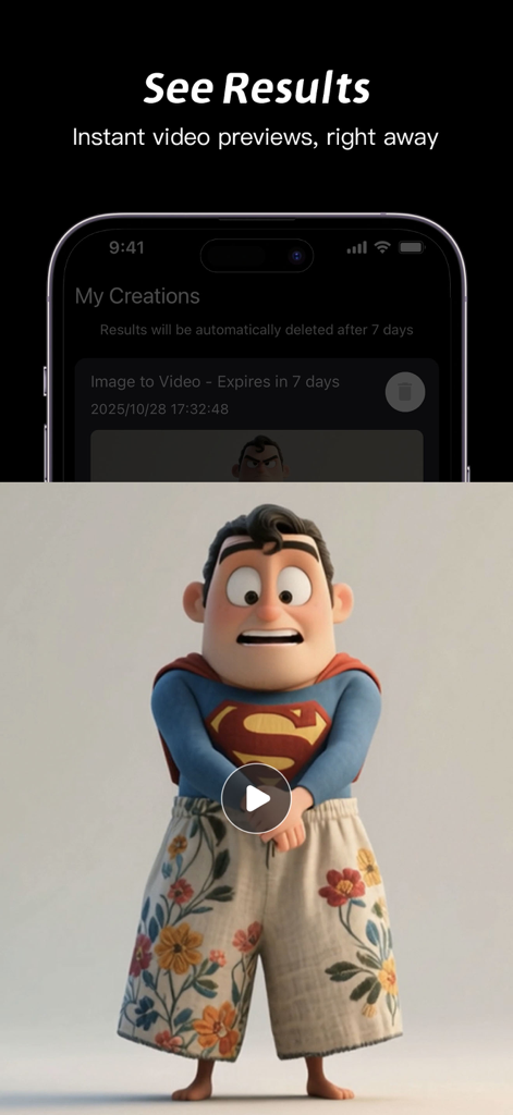 Image To Videos AI - Vista previa instantánea en video de un personaje animado por IA en la aplicación Image To Videos AI