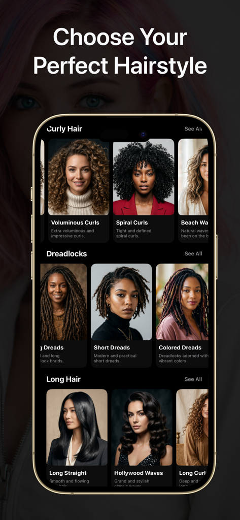 AI Hairstyle - Hair Color - A menu of various AI hairstyle options including curly hair and dreadlocks