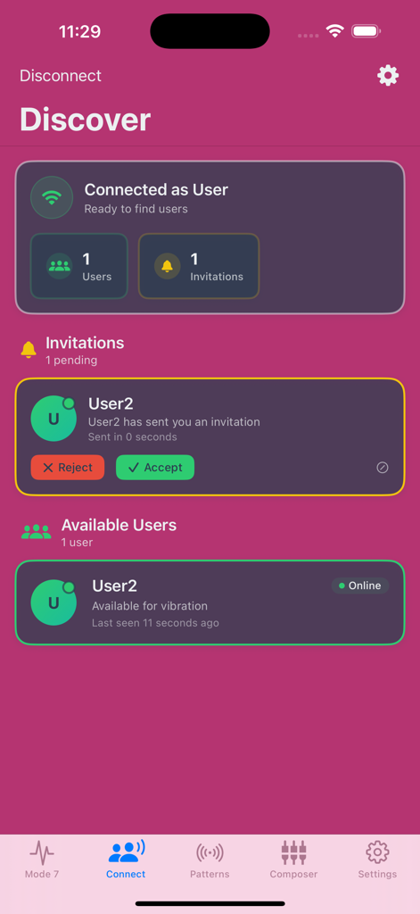 VibraTool - Vibrator Too‪l‬ - VibraTool app interface showing the Discover screen with a user invitation and online status for remote vibration control.