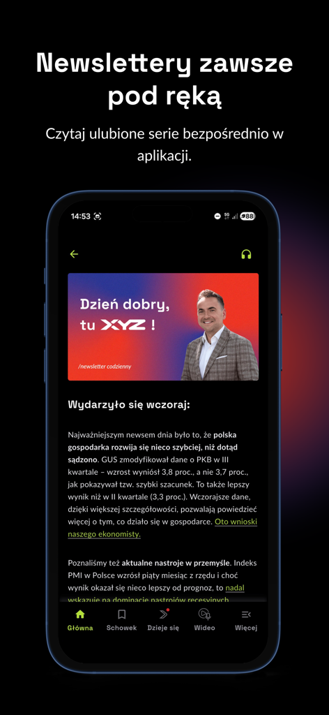 XYZ - Interfaz móvil de la app XYZ mostrando un resumen de noticias diario y un boletín económico en modo oscuro.