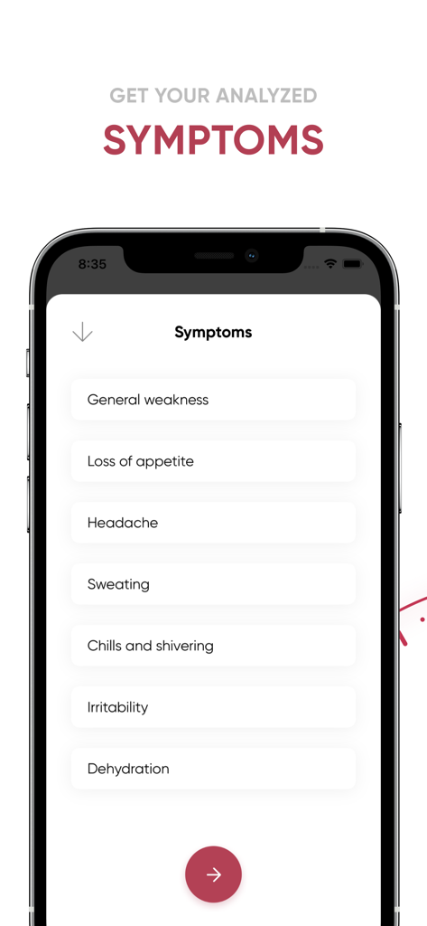 Mobile app interface showing a symptom checklist including headache and loss of appetite