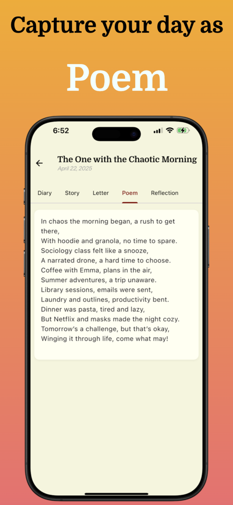 AI Journal & Diary - Reflect - Interfaz de la aplicación AI Journal Reflect que muestra una entrada de diario diaria presentada como un poema en la pantalla de un iPhone.