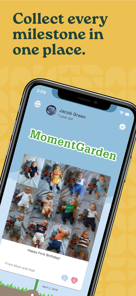 Interface da aplicação Moment Garden exibindo uma grelha de fotos dos marcos do primeiro aniversário de um bebé