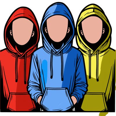 3 faceless people in  hoodies