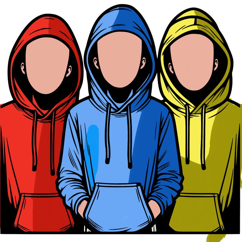 3 faceless people in  hoodies