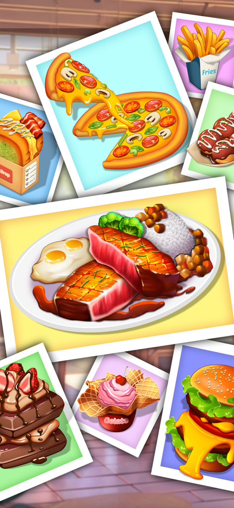 Happy Cooking : Cooking Game - A collage of vibrant food illustrations including pizza steak burgers and desserts from the Happy Cooking mobile game