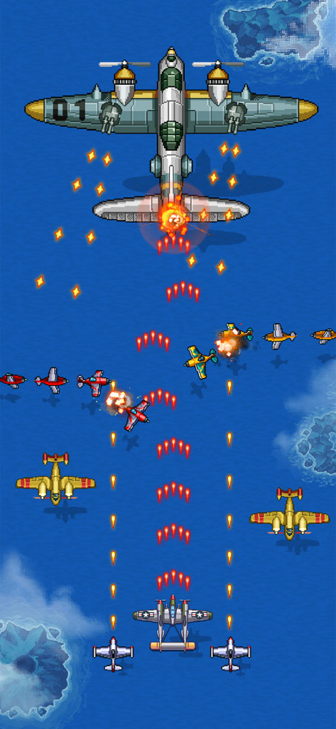 Retro pixel art WWII aerial combat gameplay in 1942 Classic Arcade