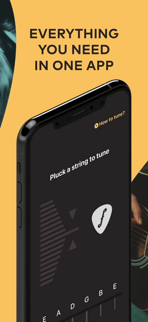 Fretello Guitar Lessons - Smartphone screen showing the Fretello guitar tuner interface with instructions to pluck a string to tune