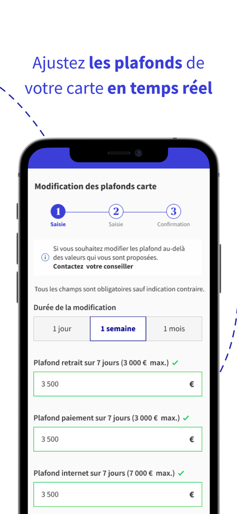 AXA Banque - Écran de smartphone montrant l'interface de l'application AXA Banque pour ajuster les limites de dépenses et de retrait de la carte.