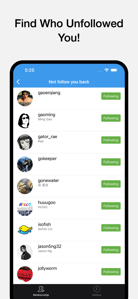 Interfaz que muestra usuarios que no te siguen de vuelta en Instagram dentro de la aplicación nFollowers.