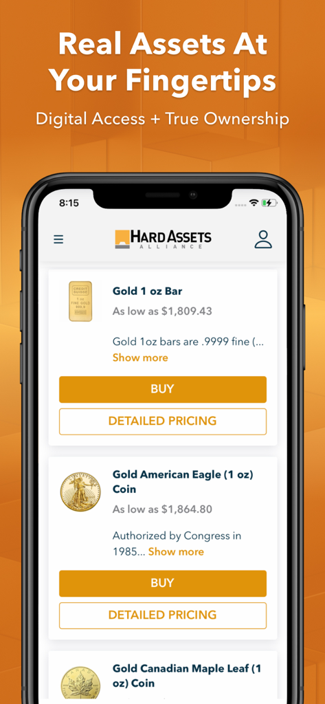 Hard Assets Alliance - Mobile app interface for buying physical gold bars and coins