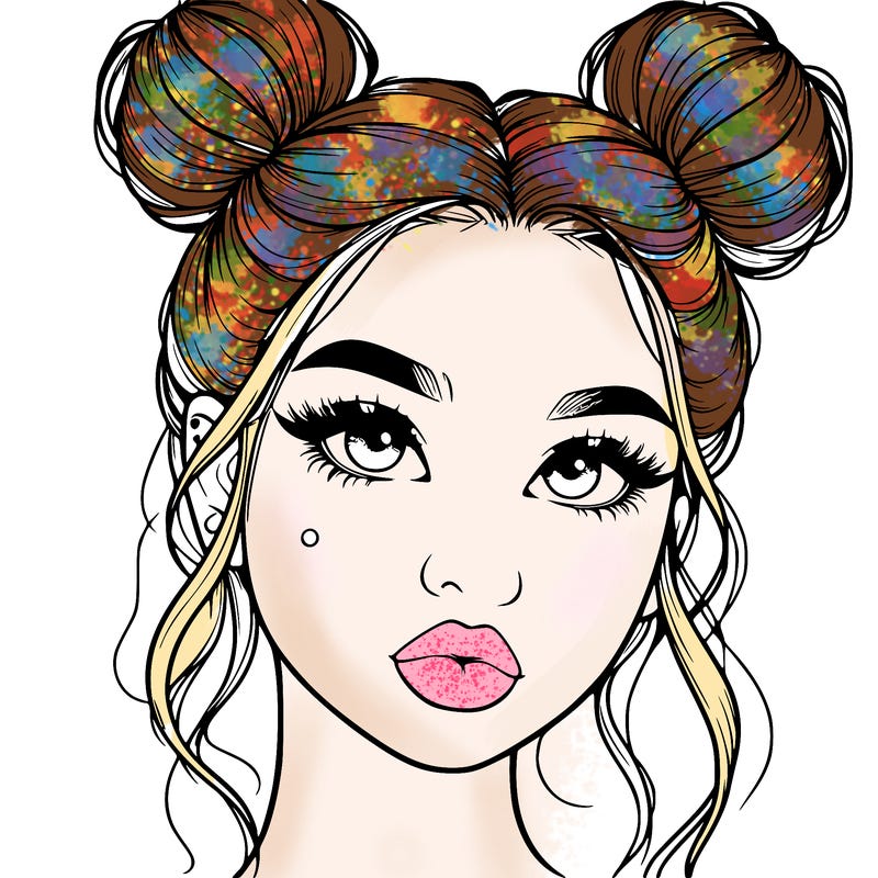 realistic girl with two buns on her hair and lips