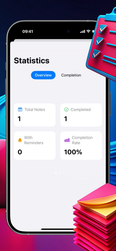 Malpon:QuickNotes - Interface showing note-taking statistics including total notes and completion rate on a mobile screen.