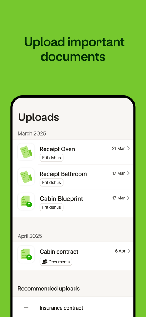 Kivra - Mobile screen of Kivra app showing a list of uploaded digital documents like receipts and contracts organized by date