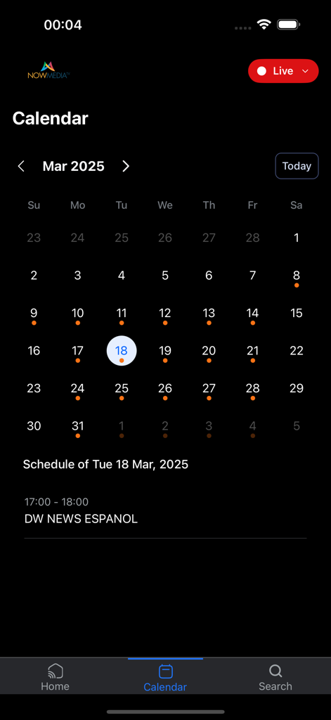 NowMedia TV app calendar view showing the programming schedule for DW News Espanol