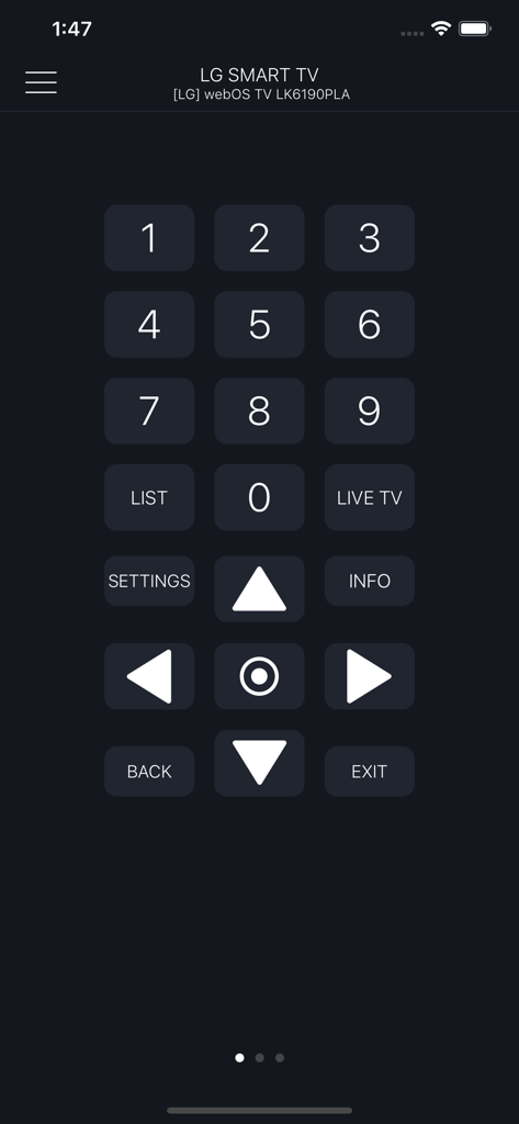Smartify - LG TV Remote - LG 스마트 TV 제어를 위한 숫자 키패드 및 탐색 버튼을 보여주는 Smartify 앱 인터페이스.