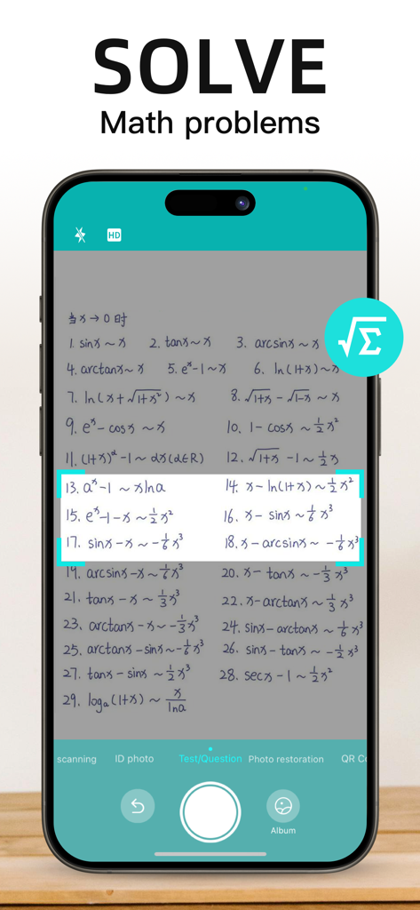手書きの数学の問題をスキャンして解決するモバイルアプリのインターフェース