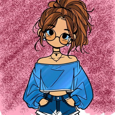 girl with a messy ponytail glasses a baggy crop top and jean shorts