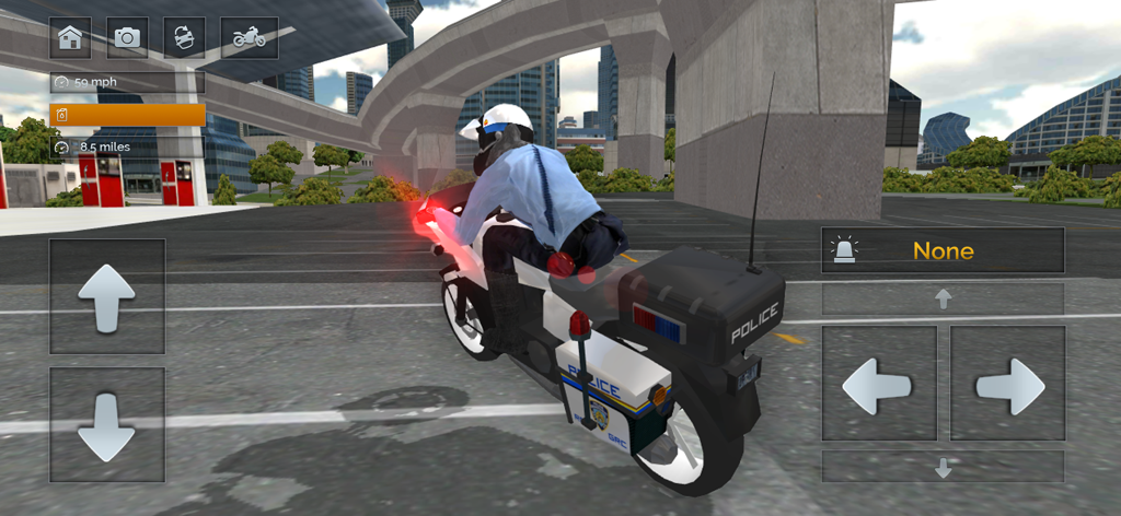 Police Motorbike Simulator 3D - A police officer riding a white motorbike in a 3D city environment with on-screen game controls