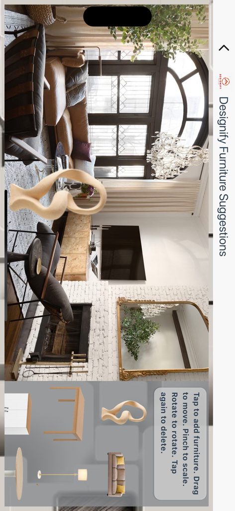 Designify Interiors - Interface de l'application Designify Interiors montrant des suggestions de meubles en réalité augmentée dans un salon moderne