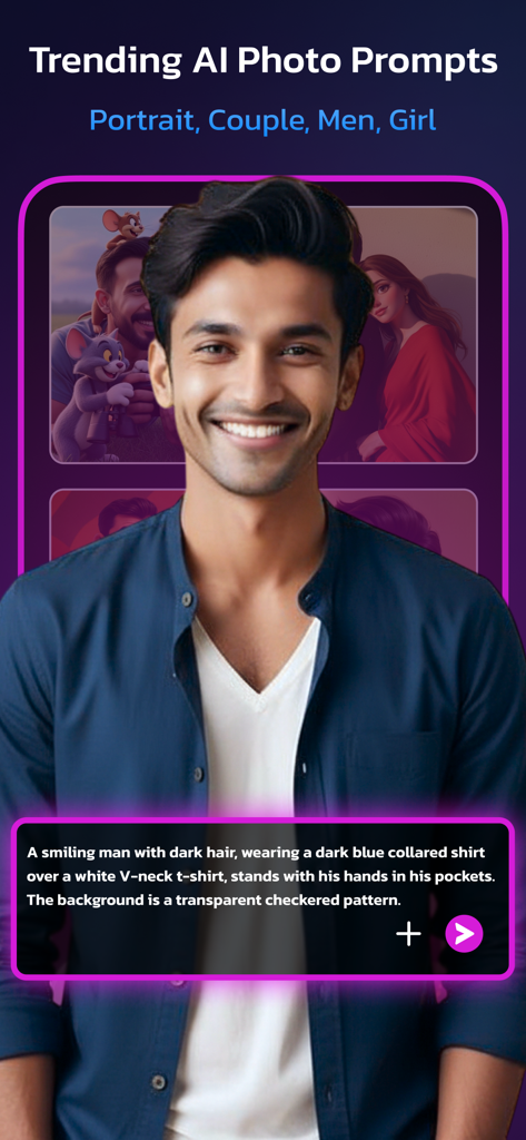 A screen from the AI Photo Maker app displaying trending portrait prompts with a generated image of a smiling man.