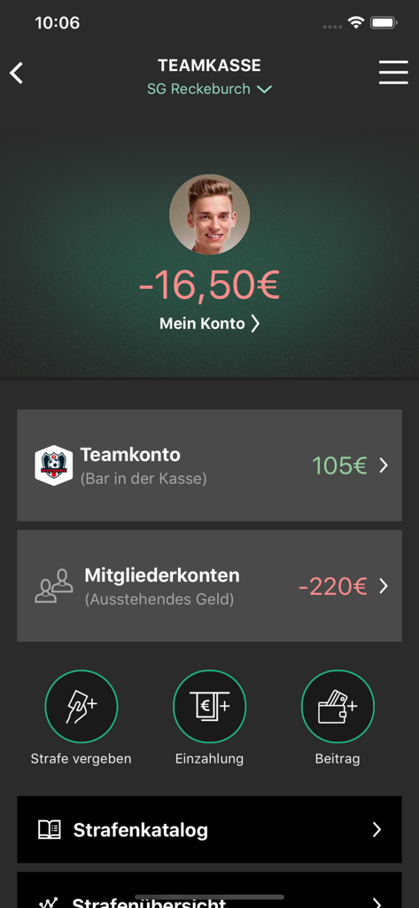 TEAMPUNKT - Interface of the TEAMPUNKT app displaying team treasury balances and player fines.