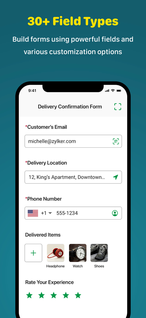 Zoho Forms mobile interface showing a delivery confirmation form with email, location, and photo upload fields.